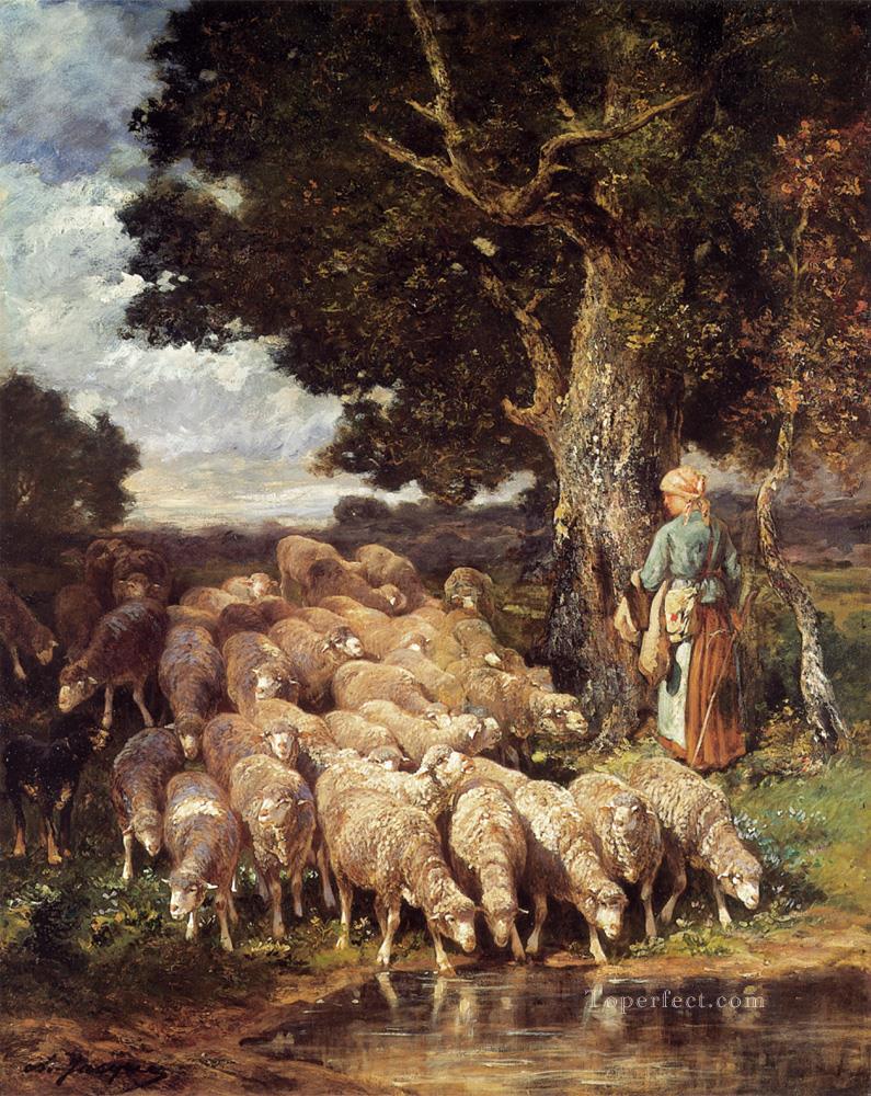 小川の近くの羊飼いと群れ 動物作家シャルル・エミール・ジャック油絵